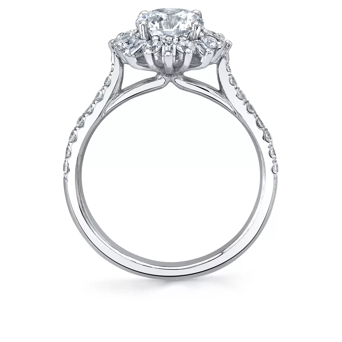 white gold floral halo engagement ring profile view