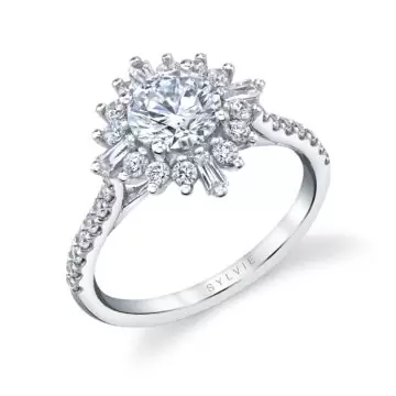 White Gold Round Cut Floral Halo Engagement Ring - Aspen