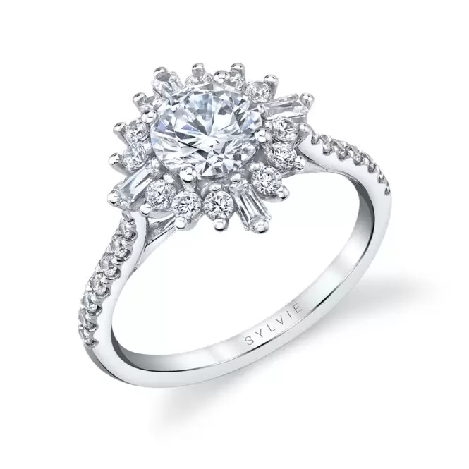 Round Cut White Gold Floral Halo Engagement Ring - Aspen