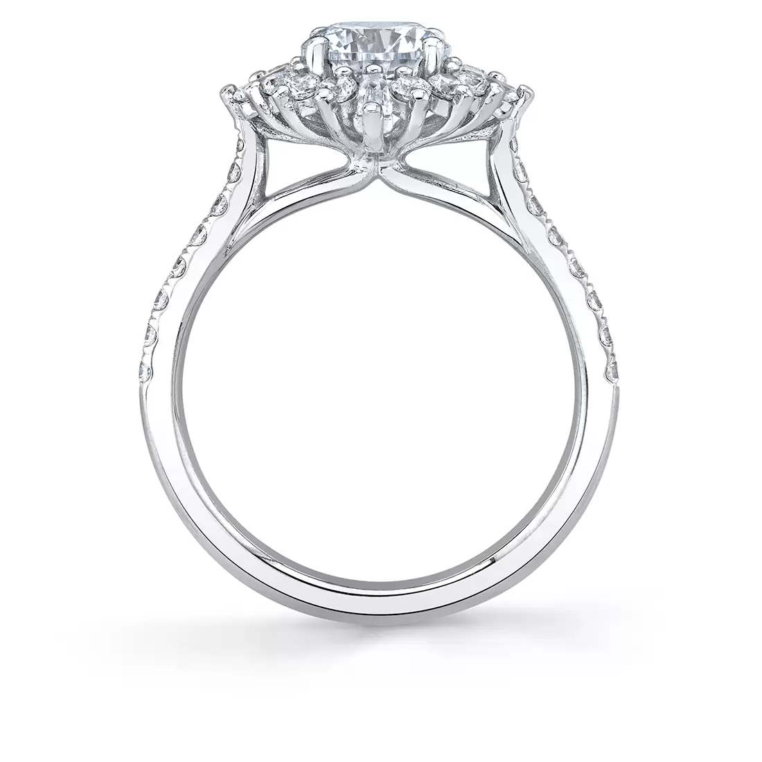 white gold floral halo engagement ring profile view
