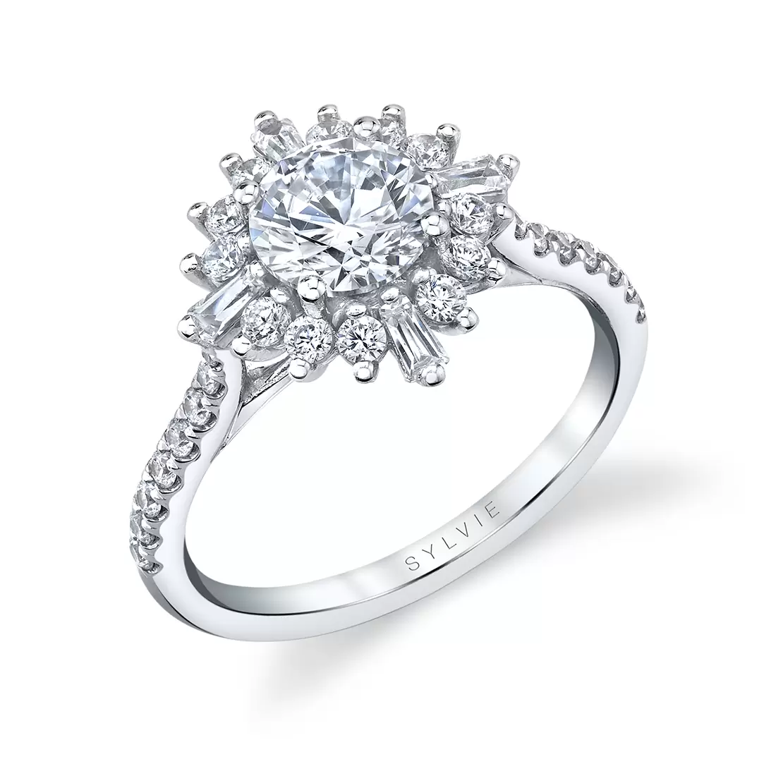 White Gold Round Cut Floral Halo Engagement Ring - Aspen