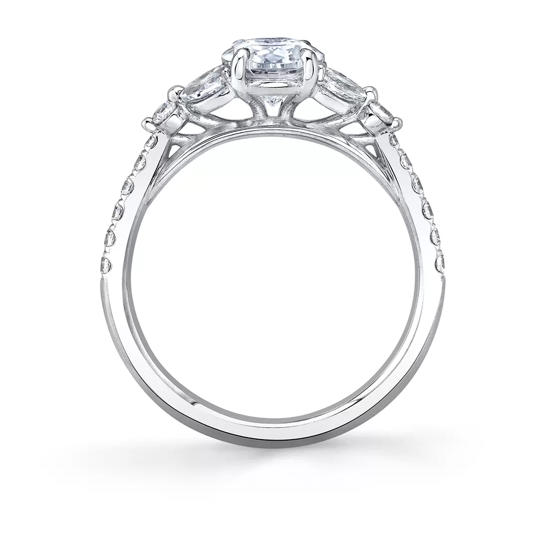 white gold unique three stone engagement ring profile view