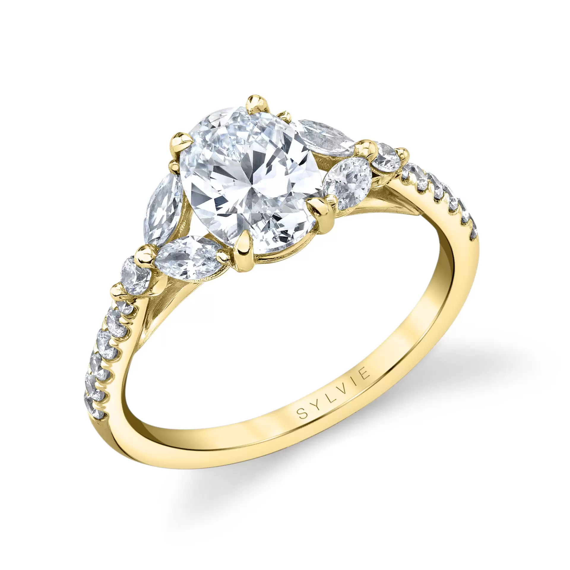 yellow gold unique three stone engagement ring