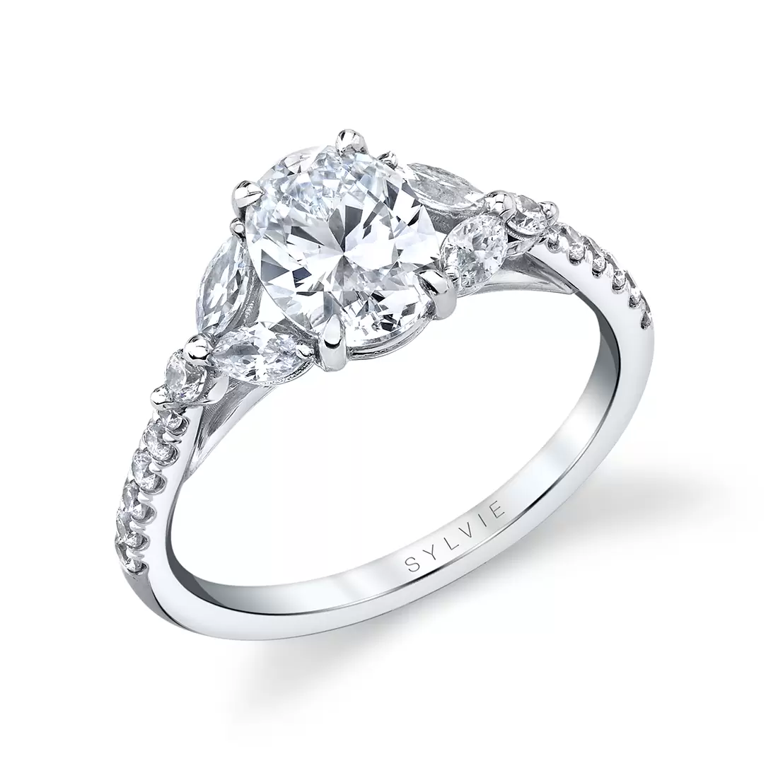 white gold unique three stone engagement ring