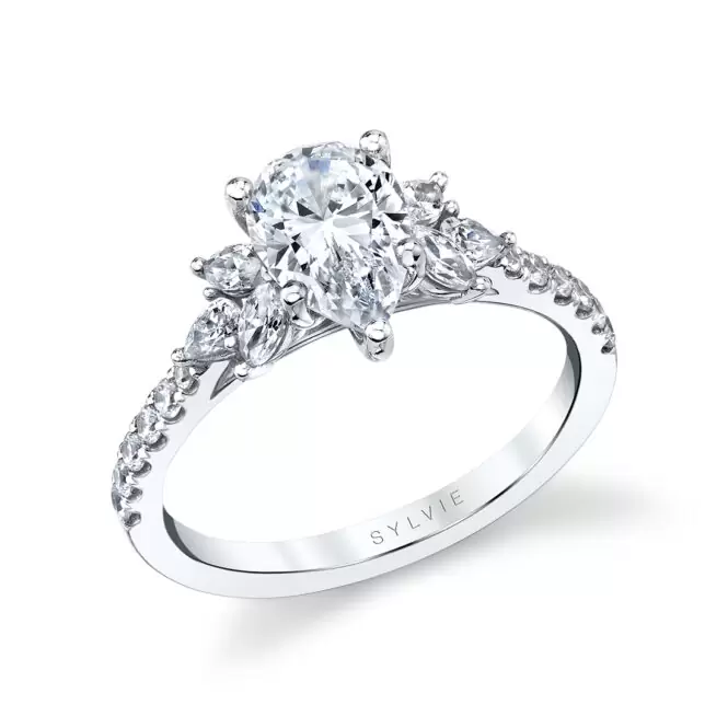 White Gold Pear Cut Classic Engagement Ring with Side Stones