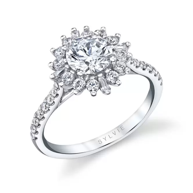 white gold floral halo engagement ring
