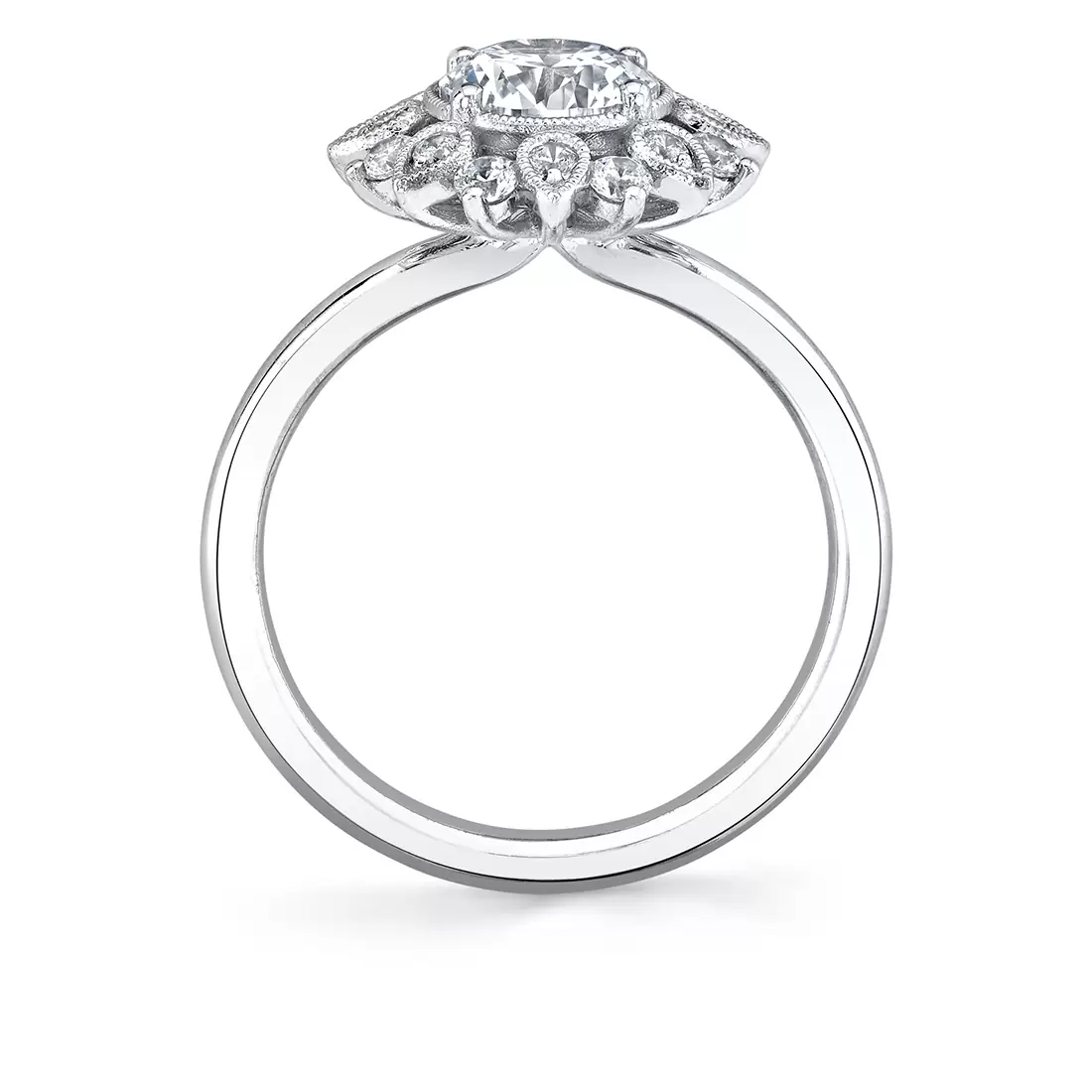 white gold solitaire floral halo engagement ring profile view