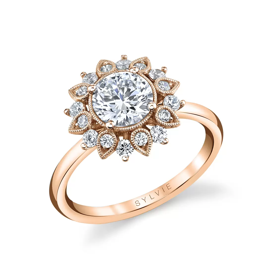 rose gold solitaire floral halo engagement ring