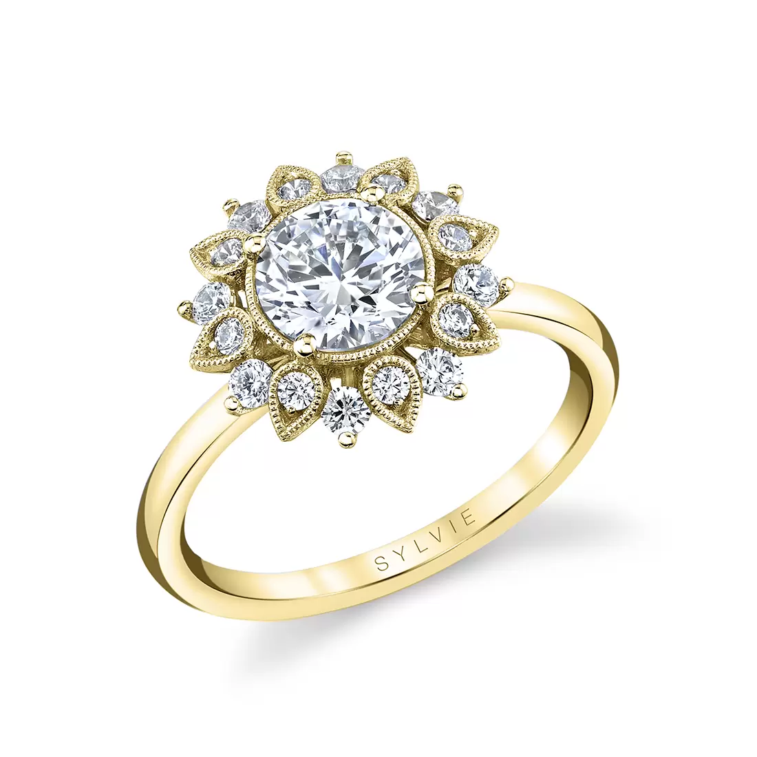 yellow gold solitaire floral halo engagement ring
