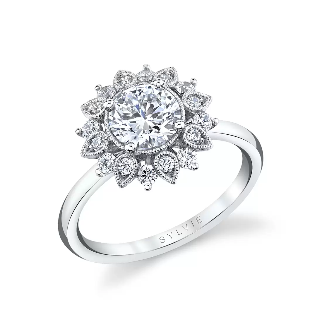 white gold solitaire floral halo engagement ring