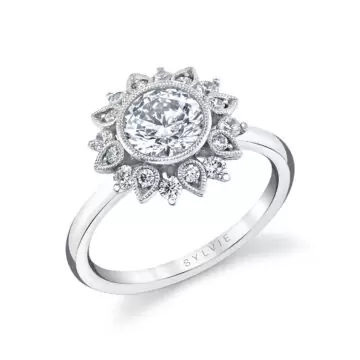 White Gold Round Cut Solitaire Floral Halo Engagement Ring - Carrie