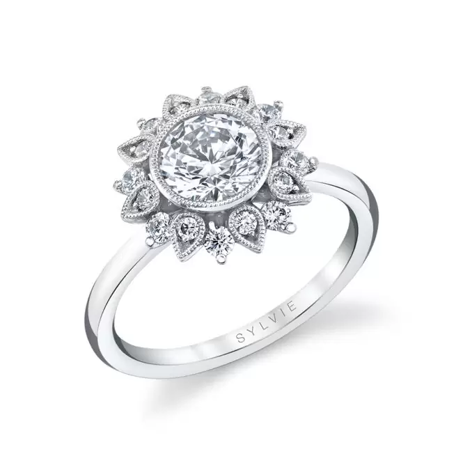 Round Cut White Gold Solitaire Floral Halo Engagement Ring - Carrie