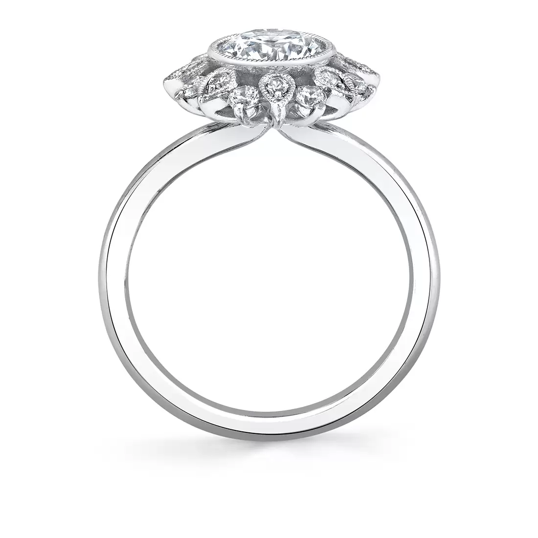 white gold solitaire floral halo engagement ring profile view