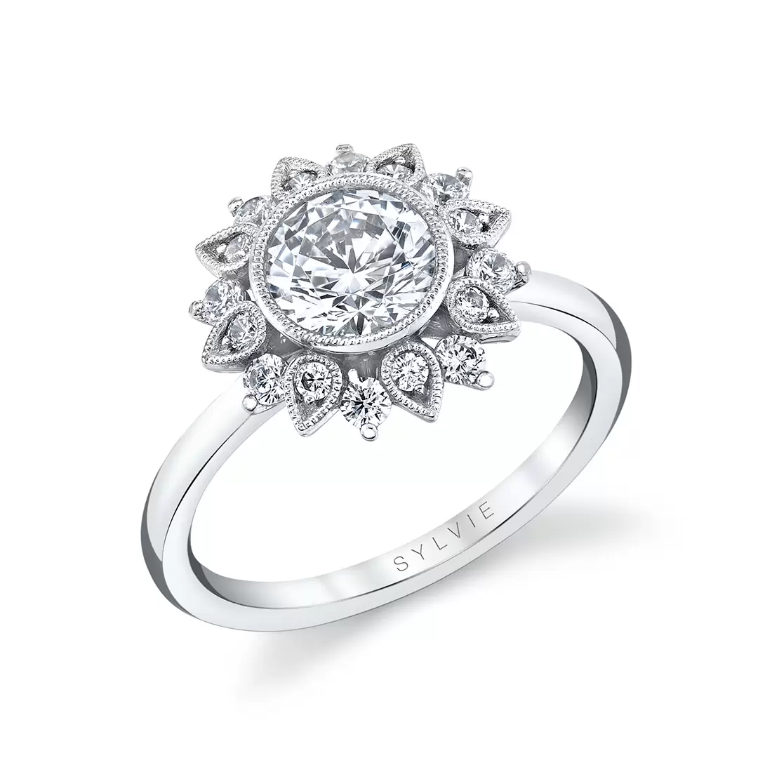 White Gold Round Cut Solitaire Floral Halo Engagement Ring - Carrie