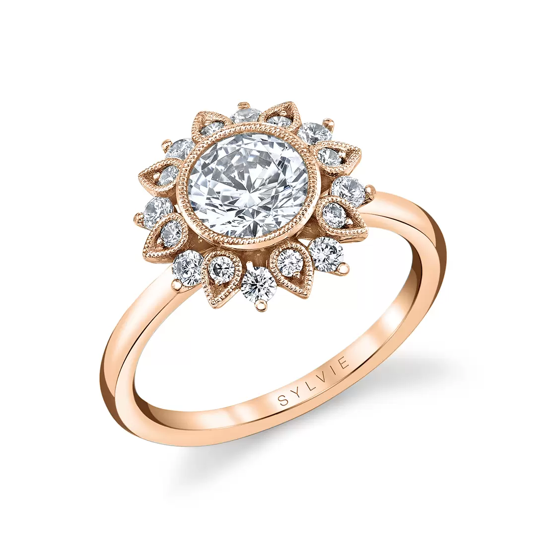rose gold solitaire floral halo engagement ring
