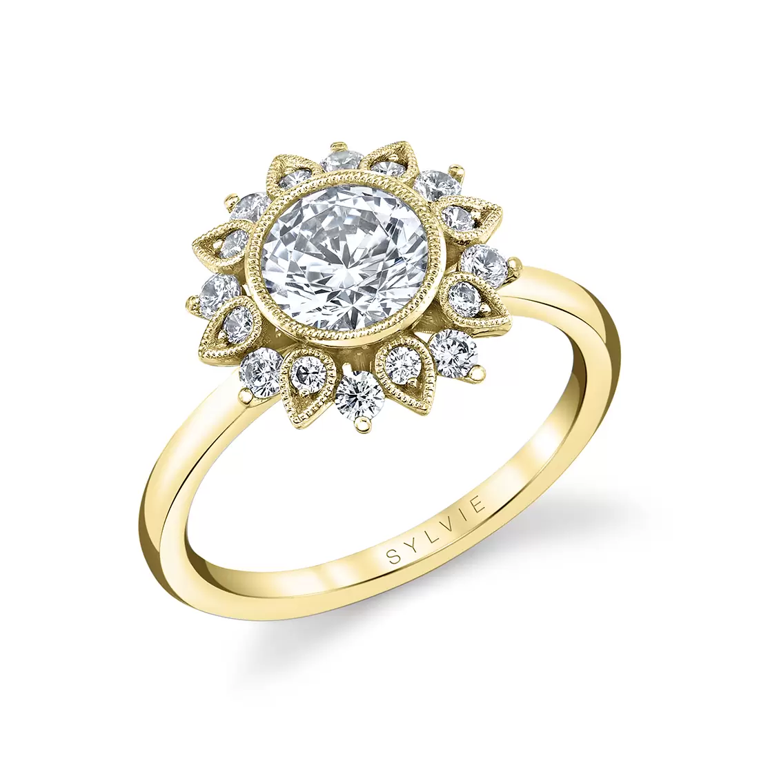 yellow gold solitaire floral halo engagement ring