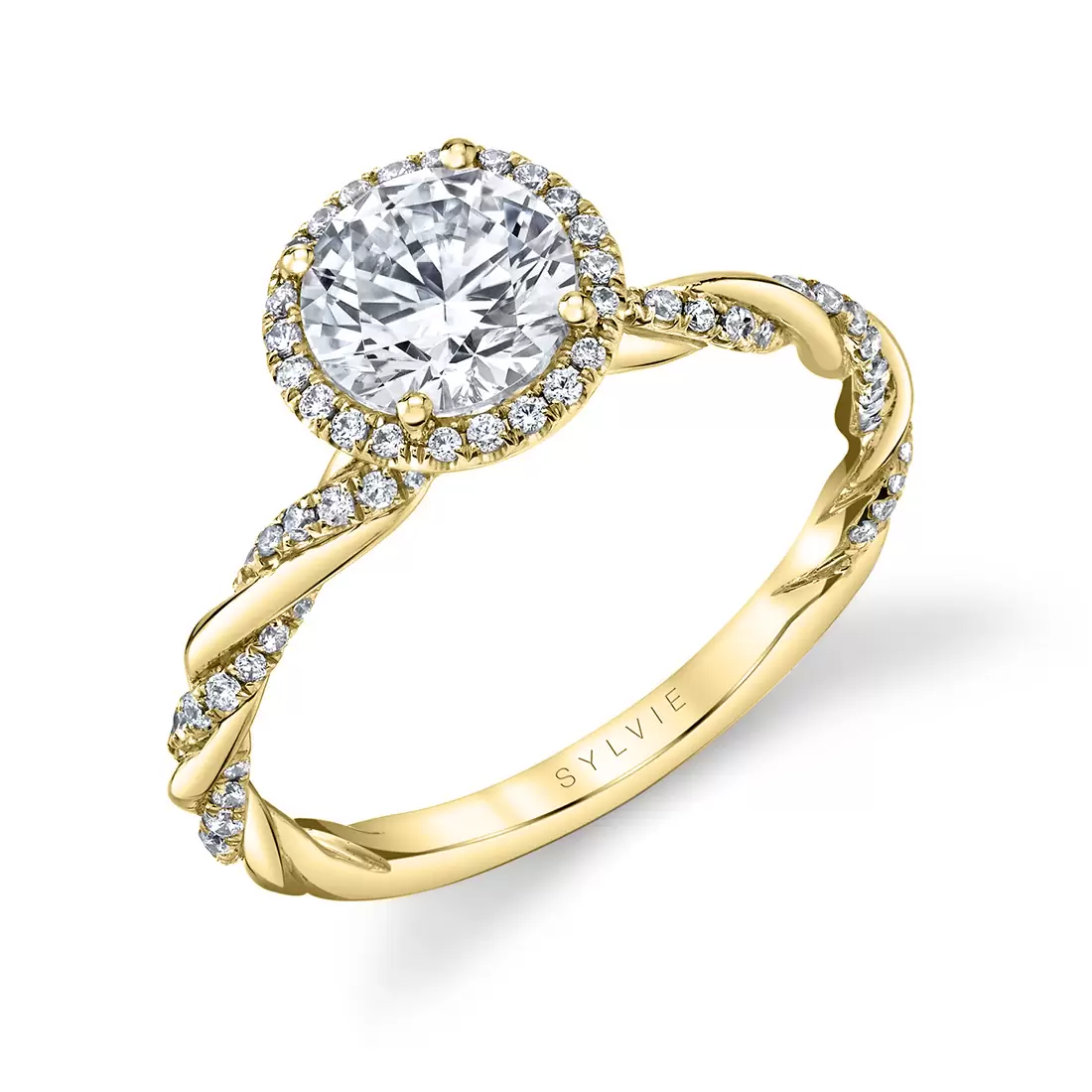 yellow gold diamond spiral halo engagement ring