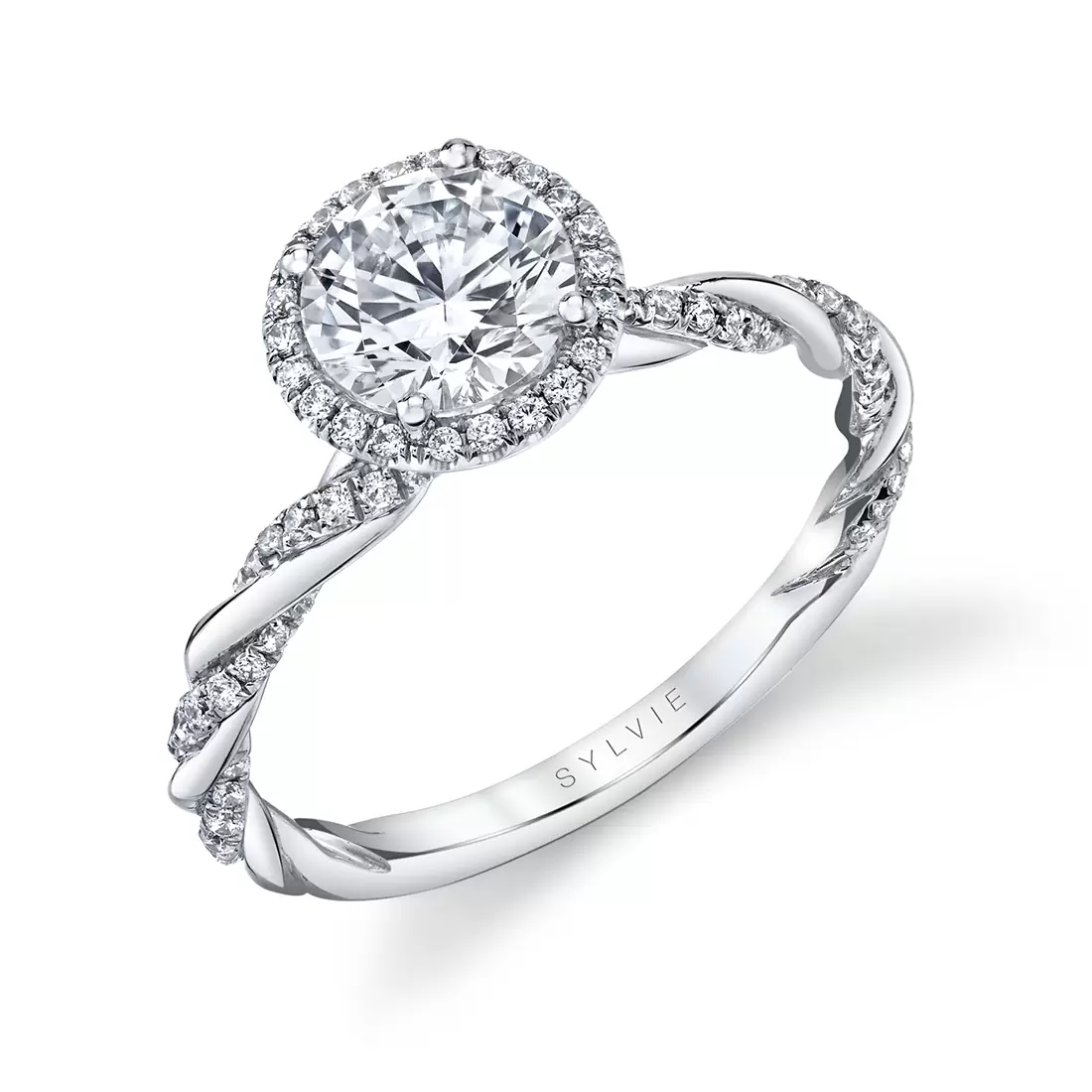 white gold diamond spiral halo engagement ring