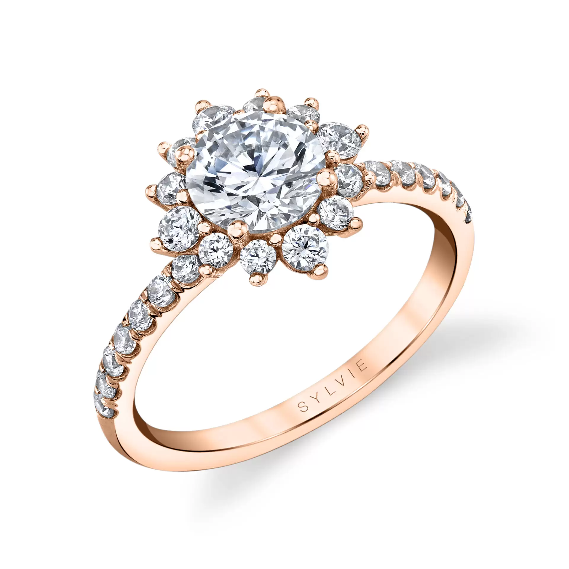 rose gold floral halo engagement ring