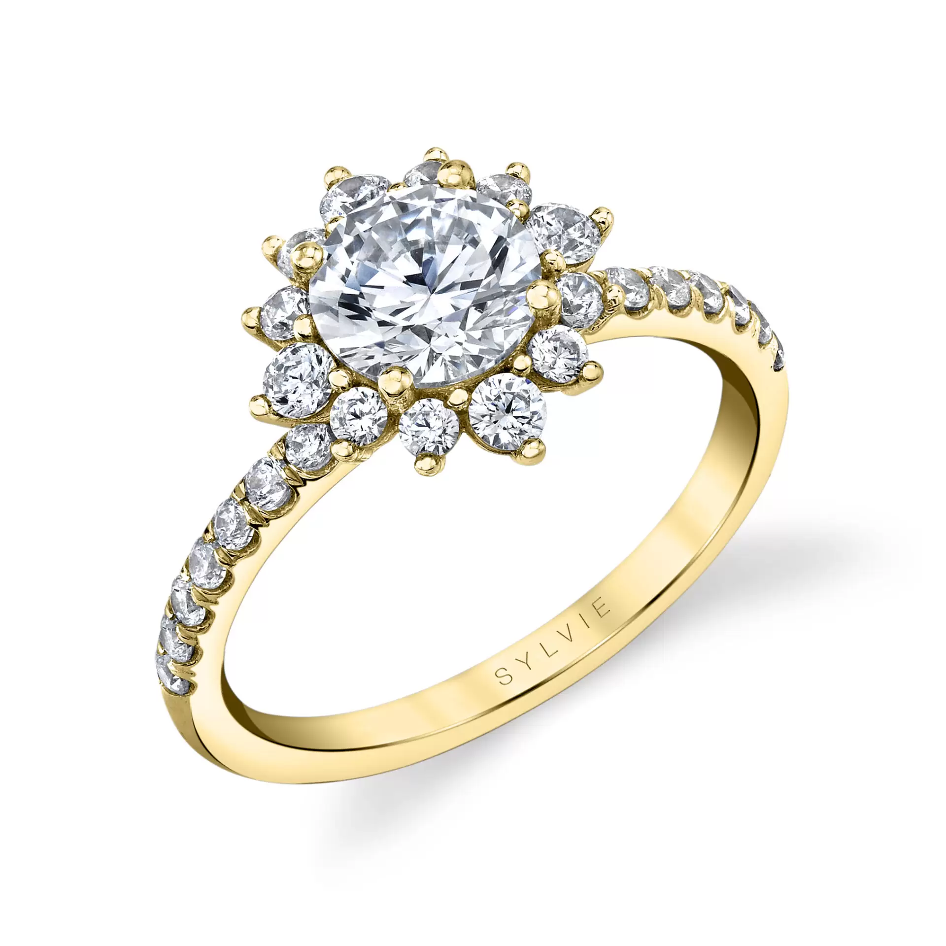 yellow gold floral halo engagement ring