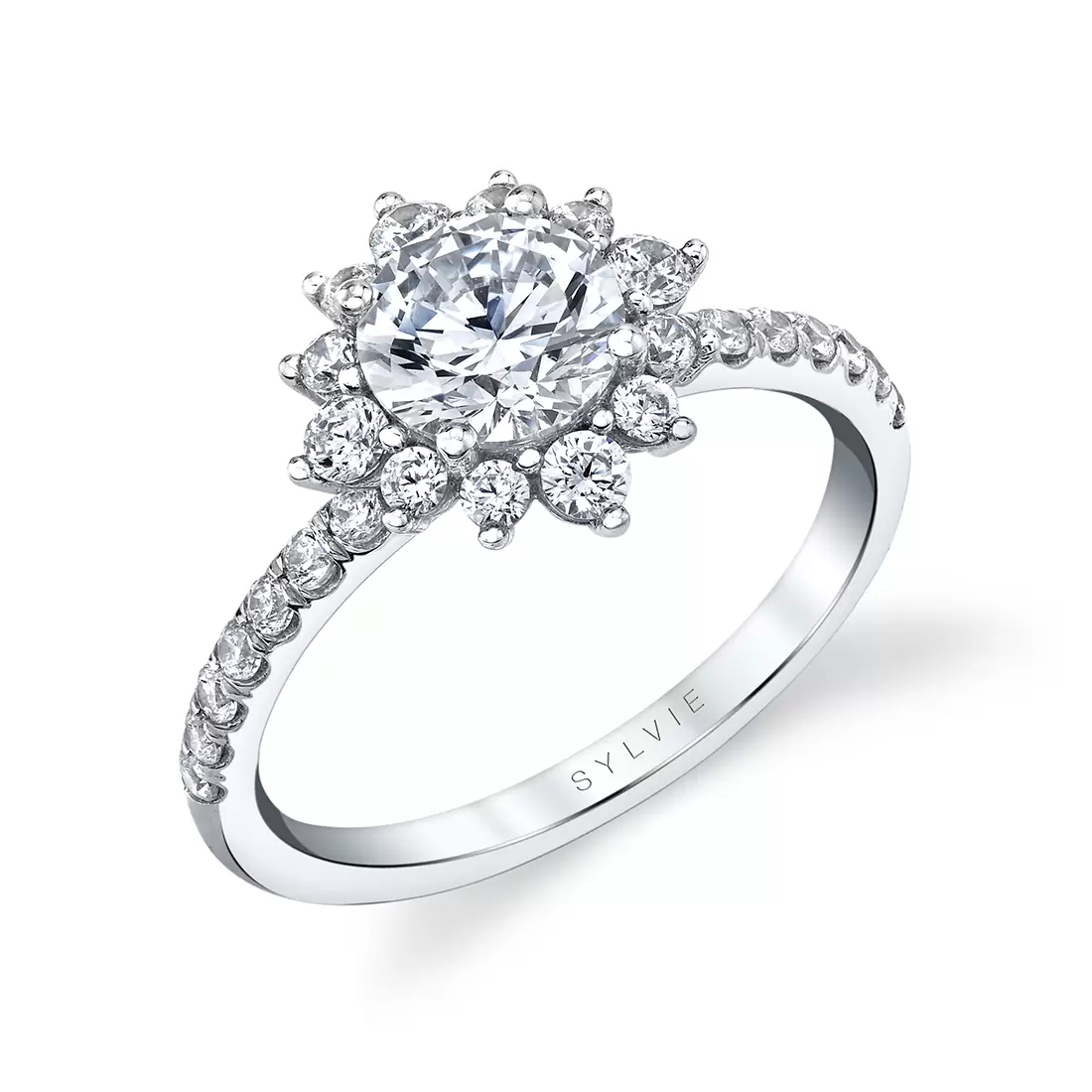 white gold floral halo engagement ring