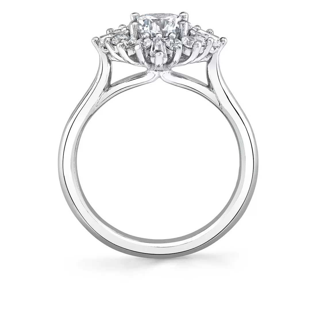 white gold floral halo engagement ring profile view