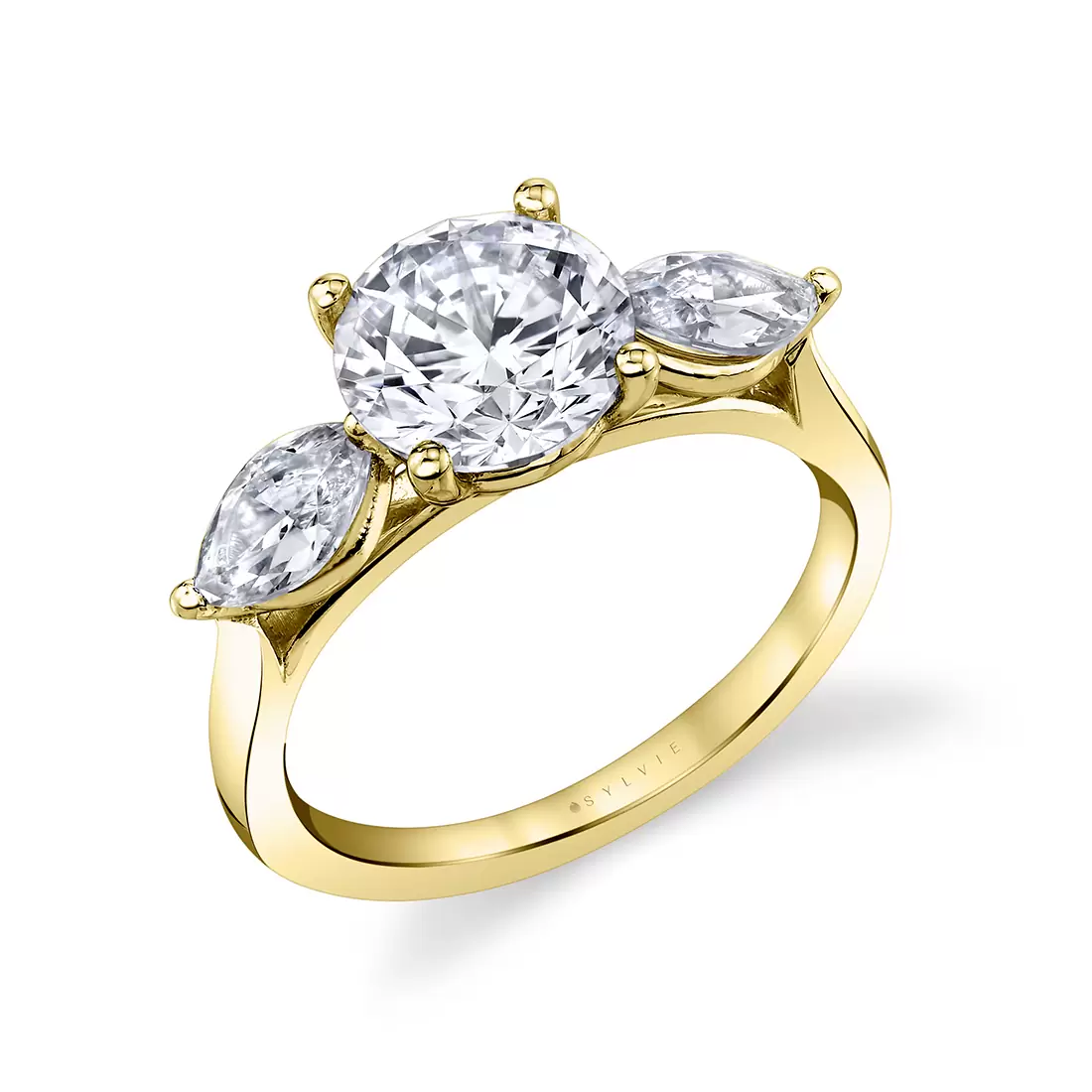 yellow gold unique three stone engagement ring