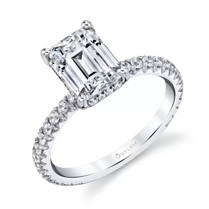 White Gold Emerald Cut Classic Hidden Halo Engagement Ring