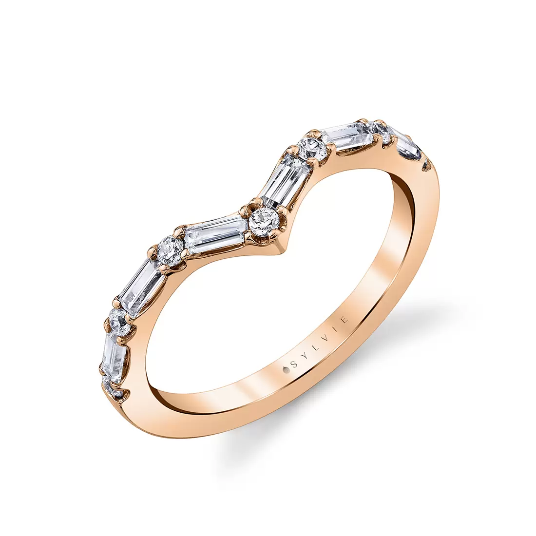 White Gold Curved Wedding Ring with Alternating Round Diamonds and Baguettes