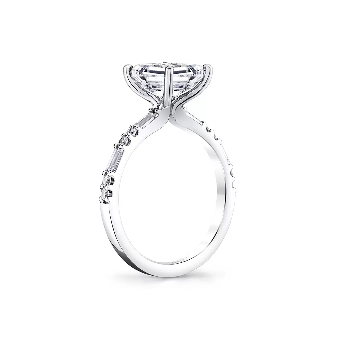 White Gold Emerald Cut Alternating Diamond and Baguette Engagement Ring - Tessa