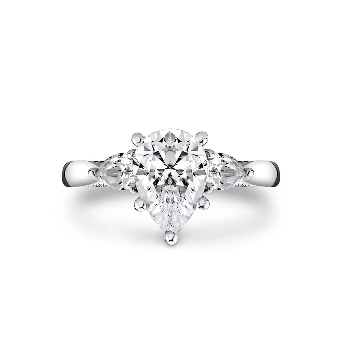 White Gold Iconelle Solitaire Three Stone Engagement Ring with Pear Side Stones - Priscilla