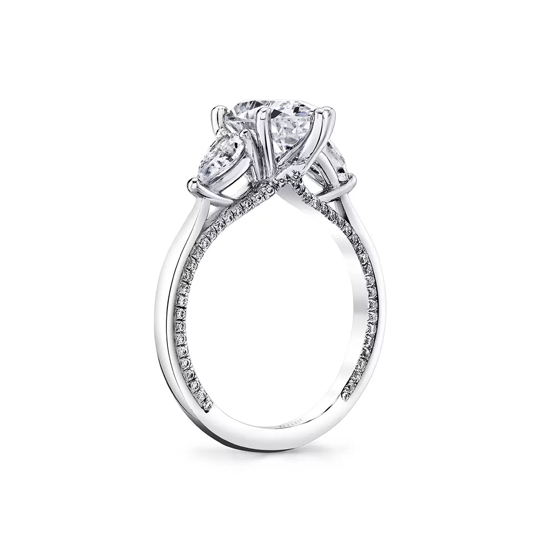 White Gold Iconelle Solitaire Three Stone Engagement Ring with Pear Side Stones - Priscilla
