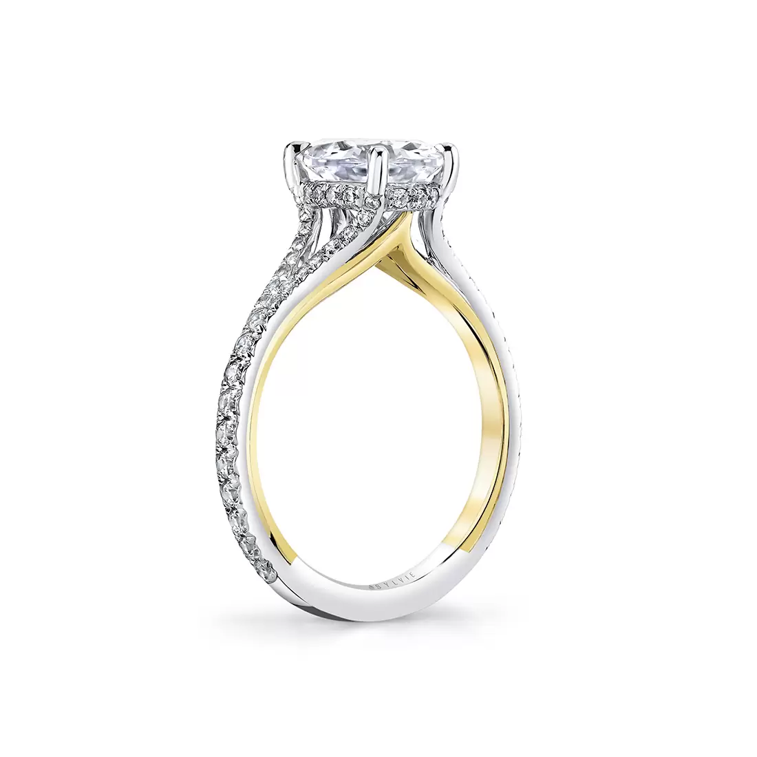 White Gold/Yellow Gold Iconelle Two Tone Shell Taper Hidden Halo Engagement Ring - Whitney