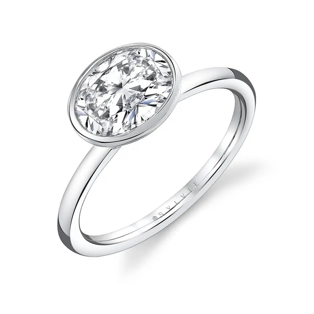 White Gold East to West Oval Cut Bezel Set Solitaire Engagement Ring - Cliodhna
