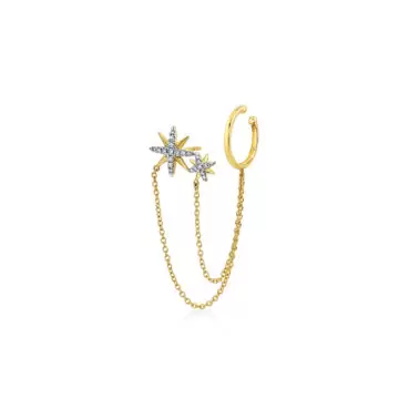 White Gold/Yellow Gold Solaz Sun Burst Diamond Earrings with Ear Cuff