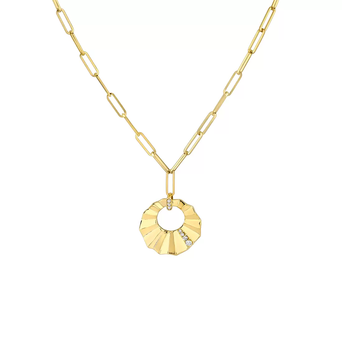 Yellow Gold Linéaire Sculpted Open Medallion Diamond Pendant with Paperclip Chain