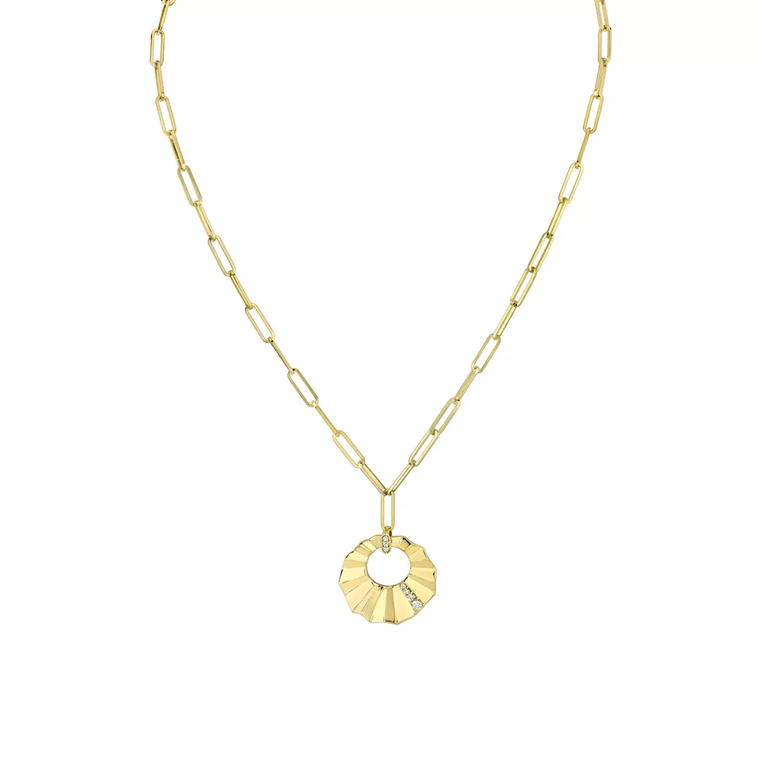 Yellow Gold Linéaire Sculpted Open Medallion Diamond Pendant with Paperclip Chain