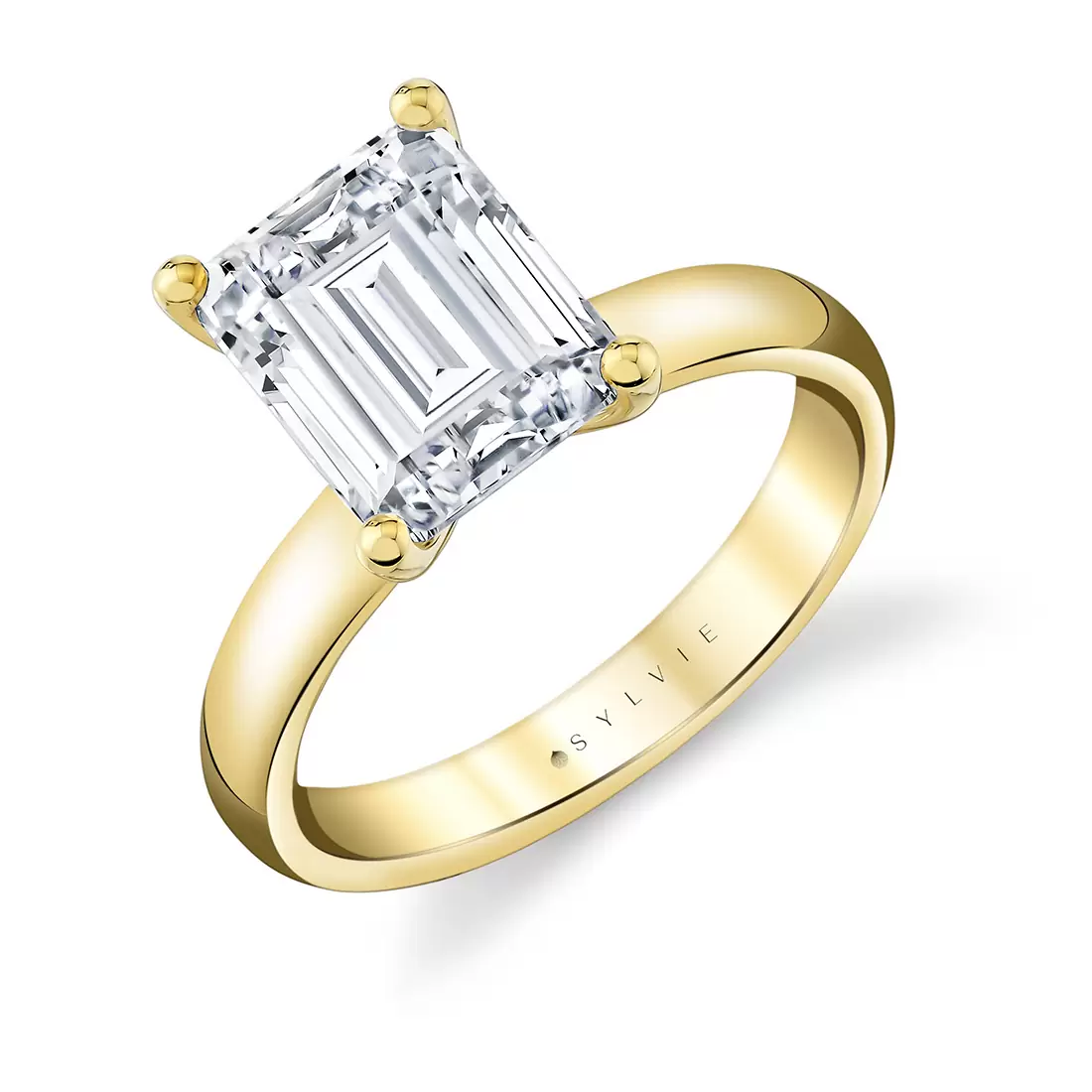 Yellow Gold Emerald Cut Wide Band Solitaire Engagement Ring - Mila