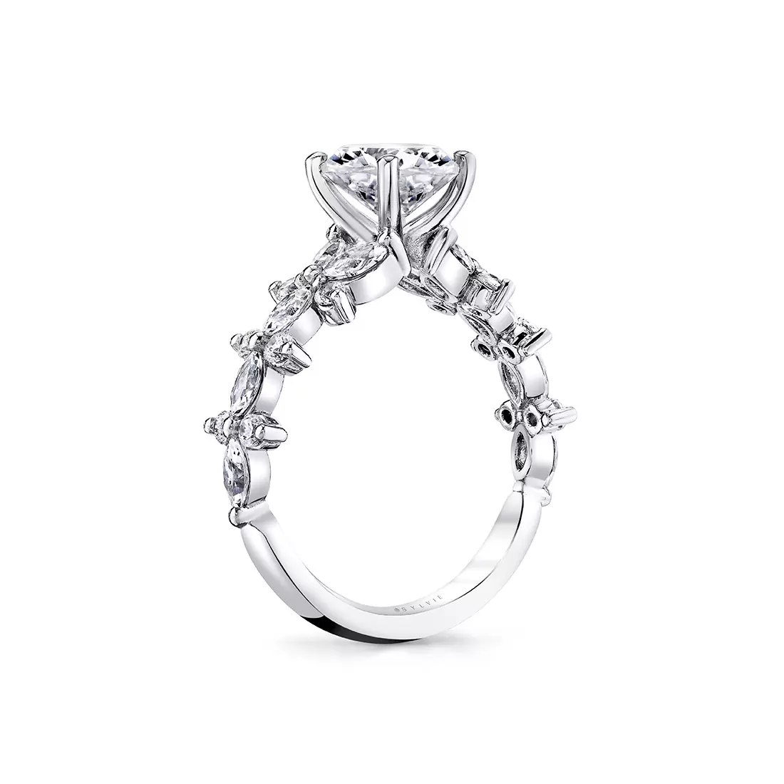 White Gold Tulira Flared Round and Marquise Floral Inspired Engagement Ring - Dahlia