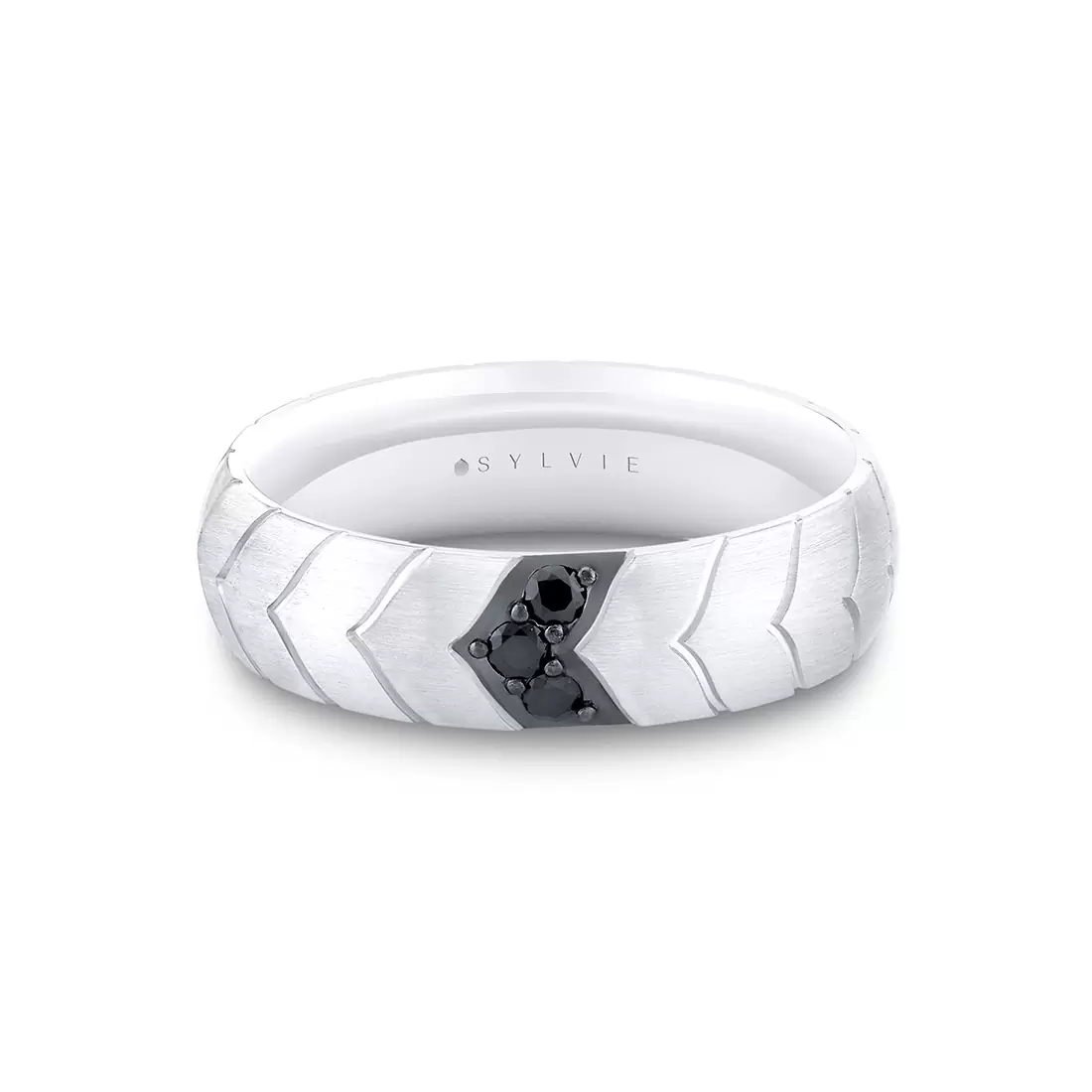 White Gold Shell Apex Brushed Men's Band with Black Diamonds - Ian
