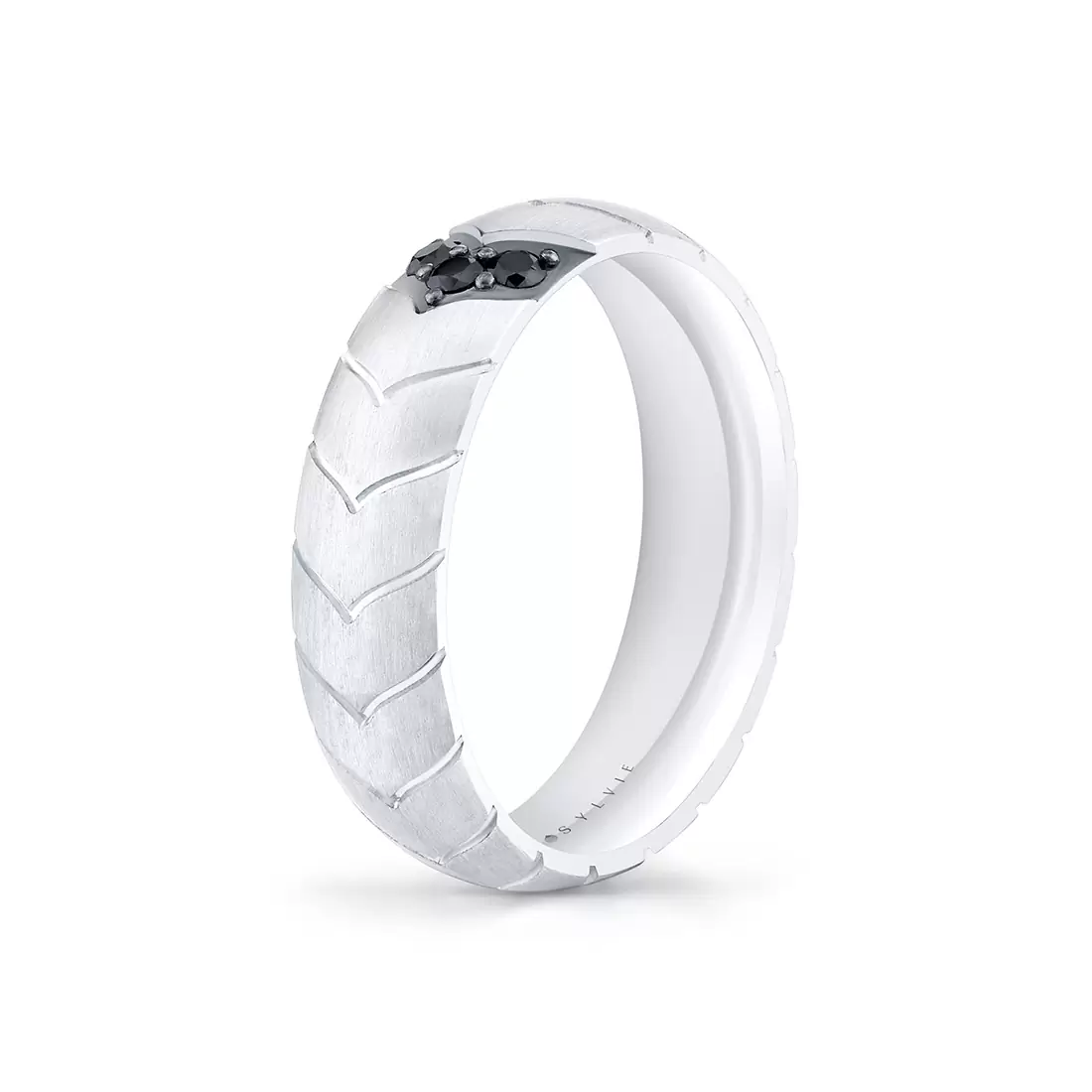 White Gold Shell Apex Brushed Men's Band with Black Diamonds - Ian