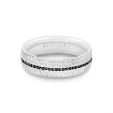 yellow gold hammered men's band with black diamonds