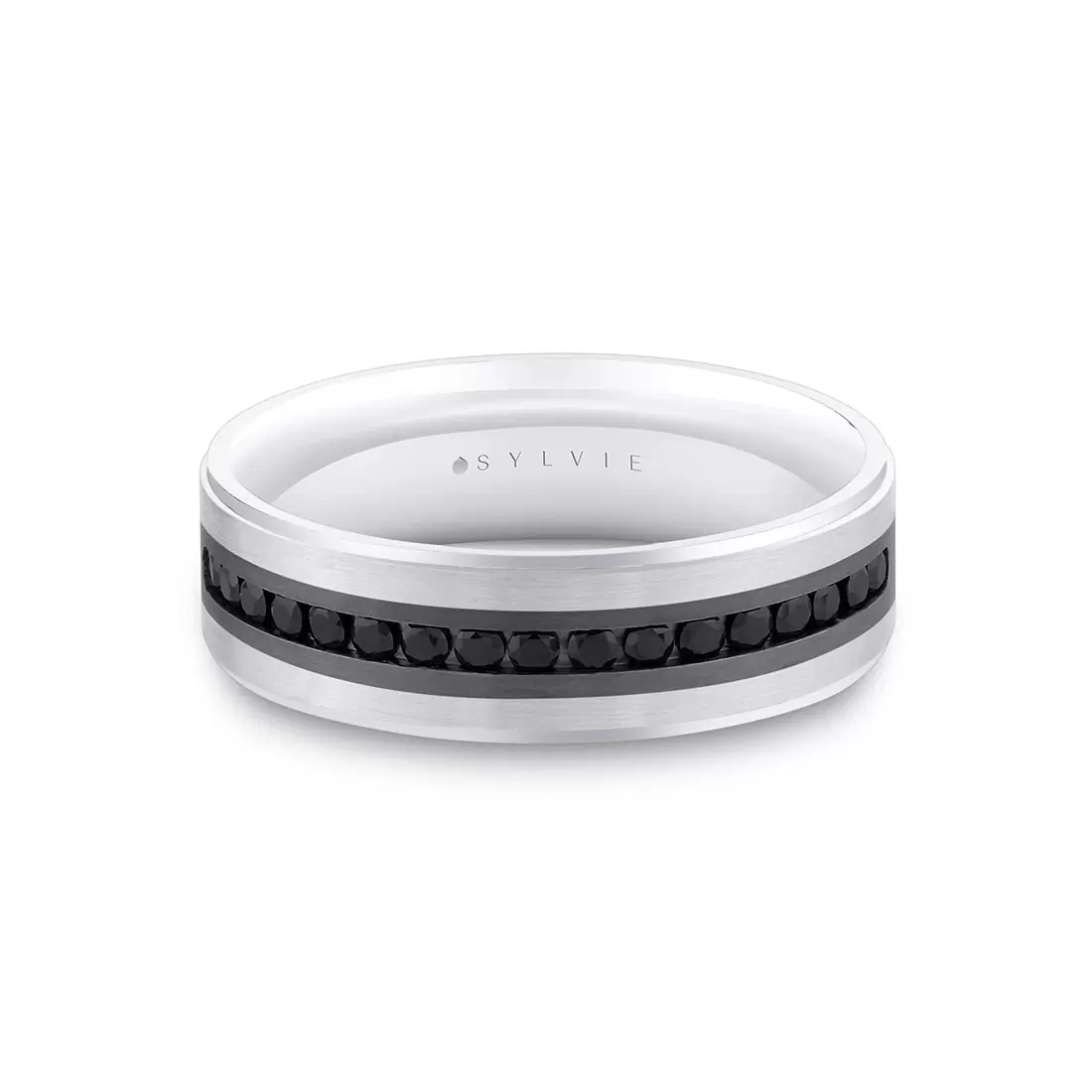 Grey Gold/White Gold Heritage Two Tone Brushed Men's Band with Black Diamonds - Nathan