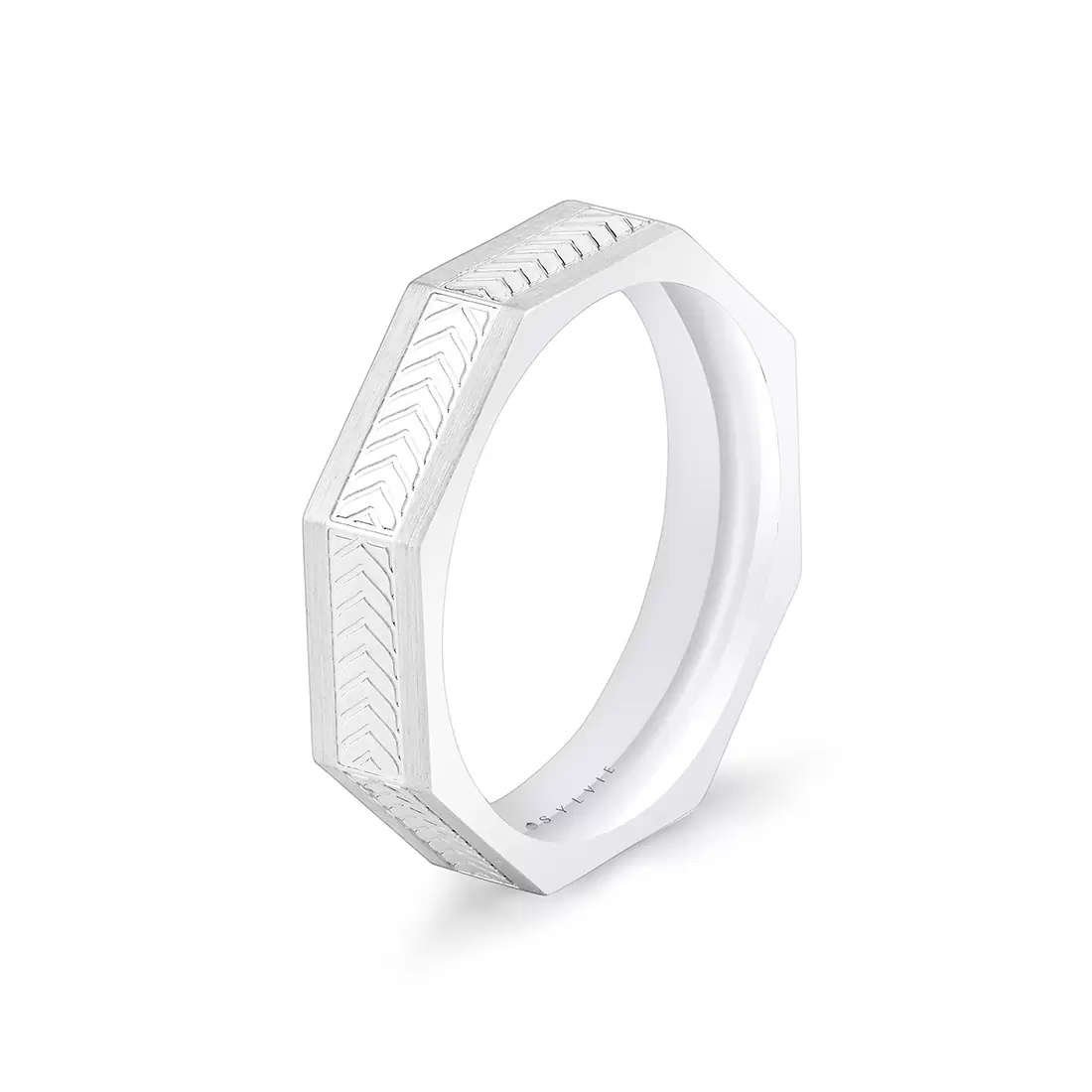 White Gold Shell Apex Octagonal Engraved Men's Band - Gavin