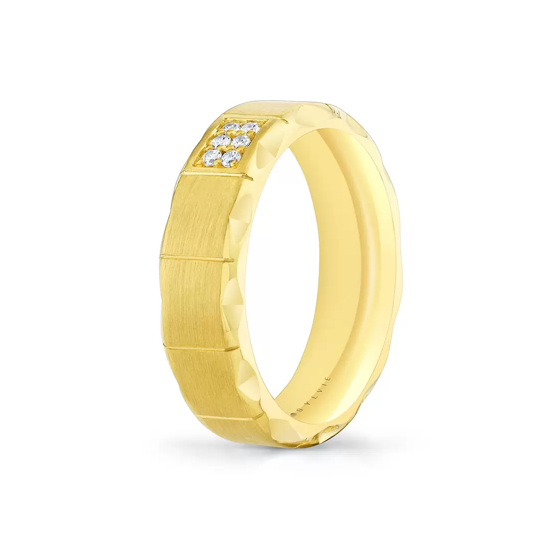 Yellow Gold Fluted Shell Brushed Diamond Men's Band - Griffin