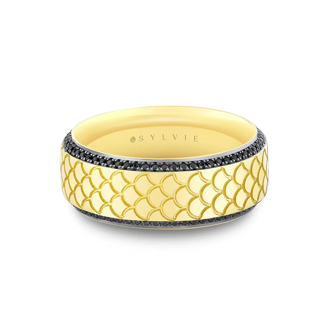 Yellow Gold Heritage Engraved Black Diamond Men's Band - Damian