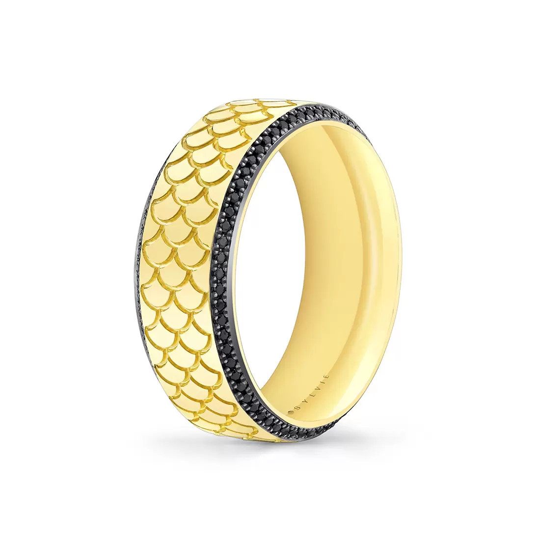 Yellow Gold Heritage Engraved Black Diamond Men's Band - Damian