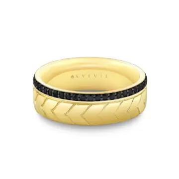 Yellow Gold Shell Apex Engraved Black Diamond Men’s Band - Isaac