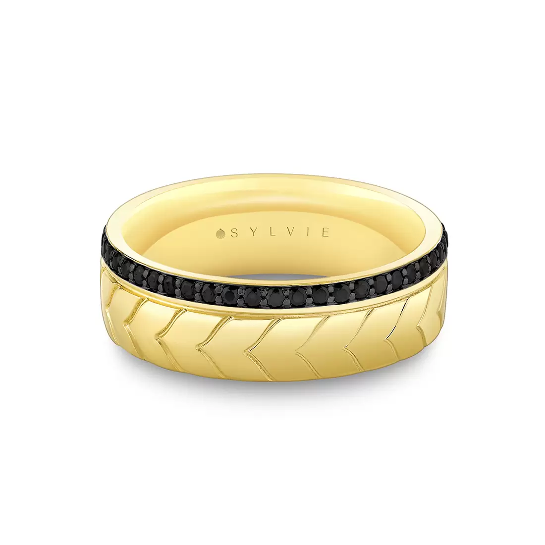 Yellow Gold Shell Apex Engraved Black Diamond Men's Band - Isaac