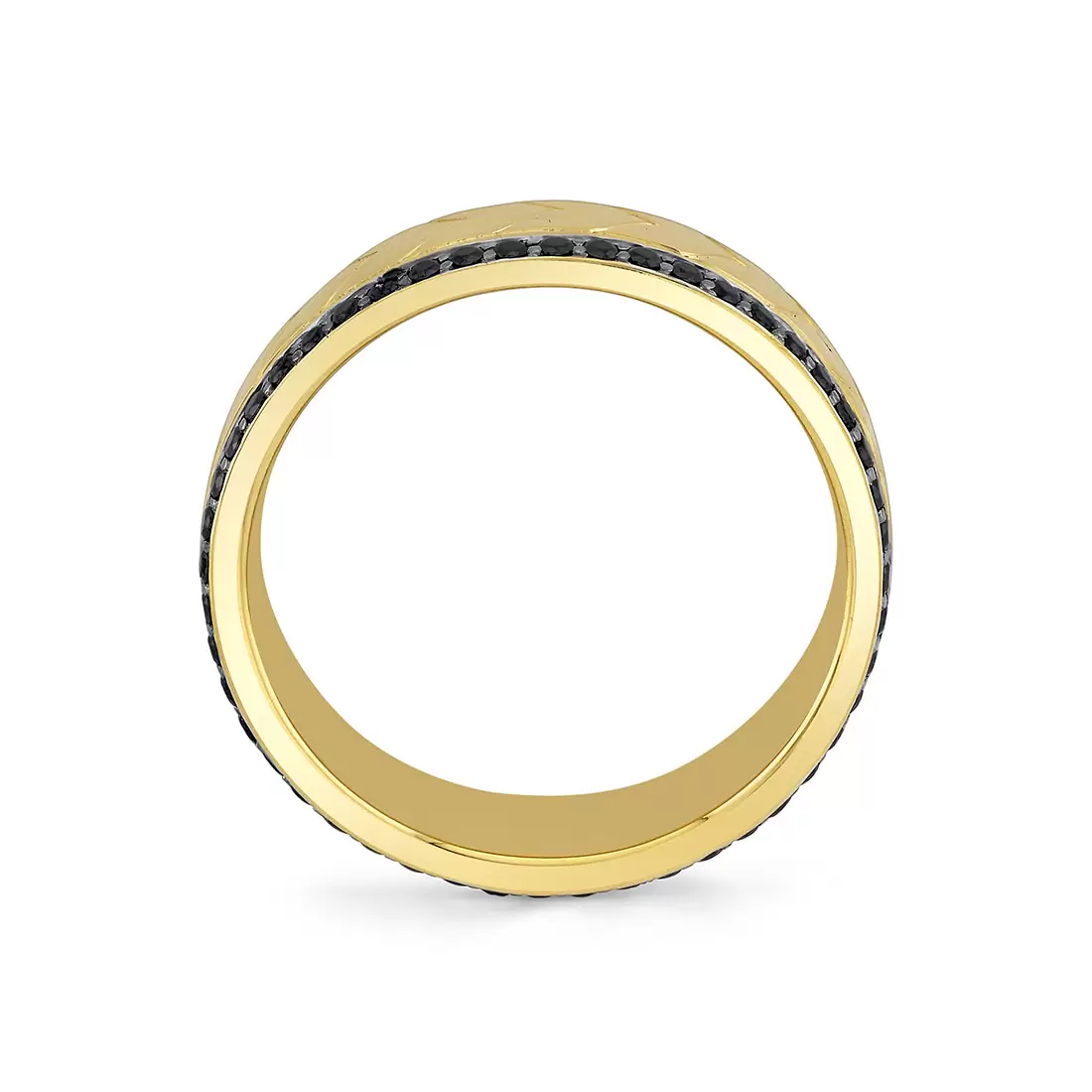 Yellow Gold Shell Apex Engraved Black Diamond Men's Band - Isaac